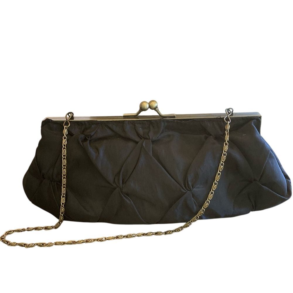 Vintage 90's Black Quilted Clutch Purse Antique Gold Tone Chain/Hardware